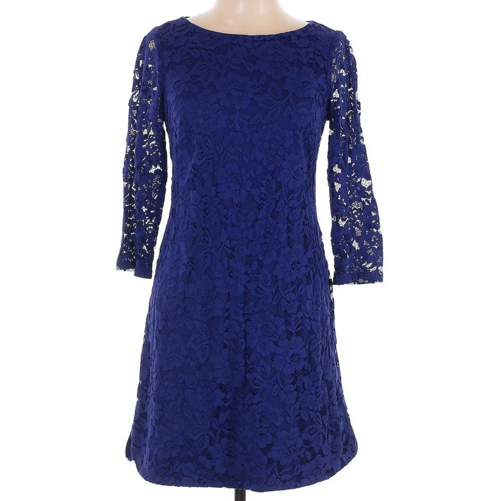 Vince Camuto 3/4 Sleeve Royal Blue Lace Lined Cocktail Midi Dress Size 14
